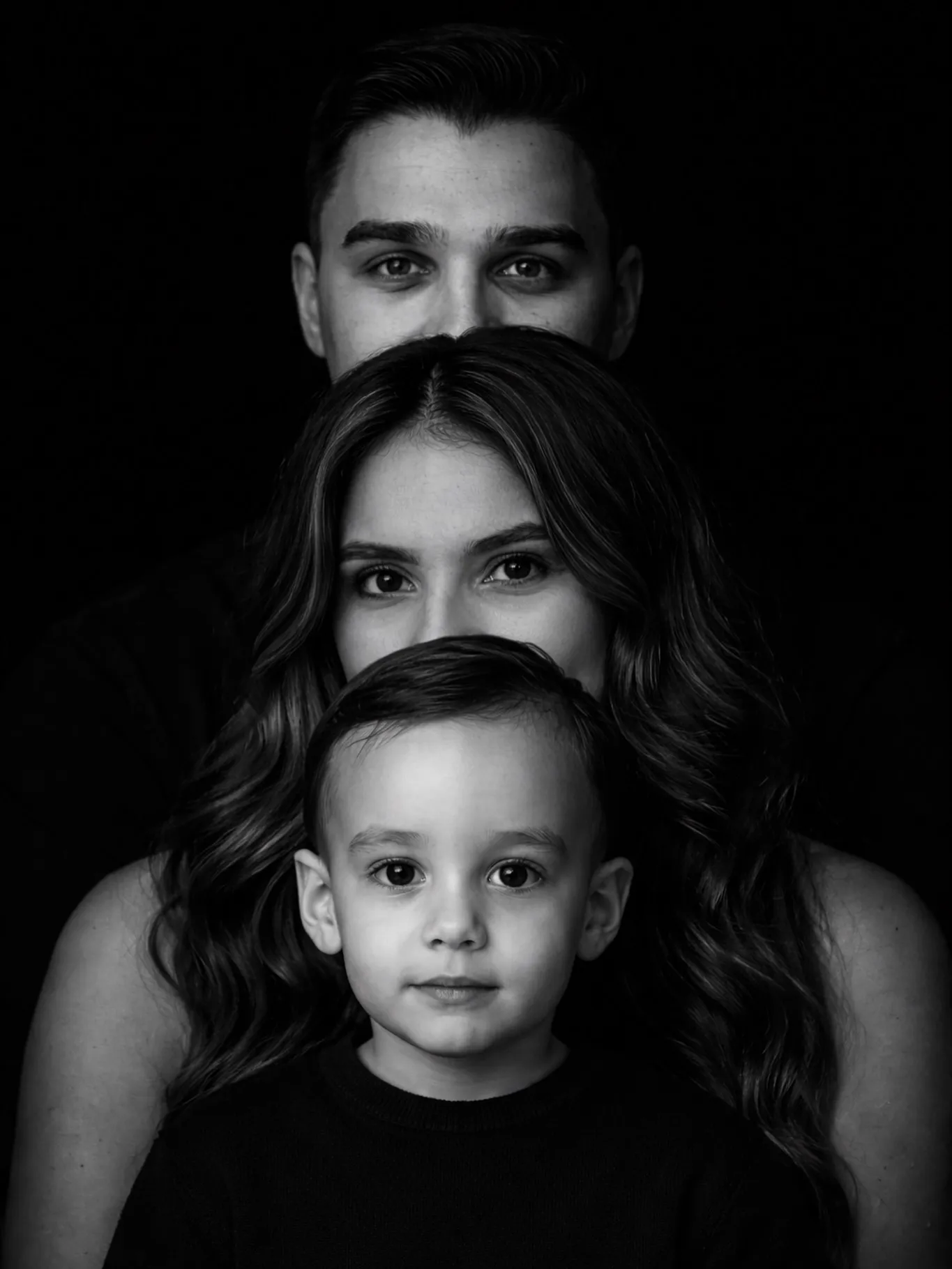 Retrato em preto e branco de Leticia Gabriela com a família.