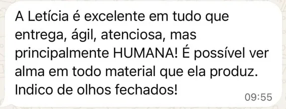 Print da mensagem de Julia Linhares no WhatsApp, com o depoimento sobre o trabalho de Leticia.